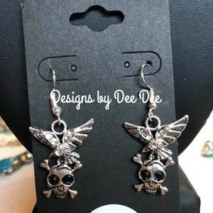 Skeleton Crew Silver T one Drop Earrings-Black